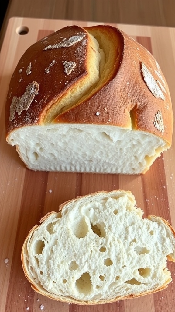 A golden-brown artisan sourdough bread loaf with a crispy crust and airy crumb on a wooden board.